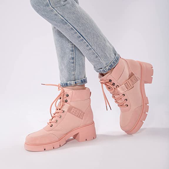 REDTOP Women’s Combat Boots Chunky Lug Sole Ankle Boots Lace Up Buckle Casual Shoes