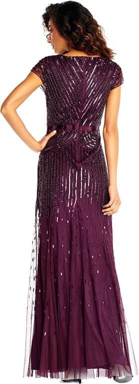 Adrianna Papell Women’s Long Beaded V-Neck Dress with Cap Sleeves and Waistband