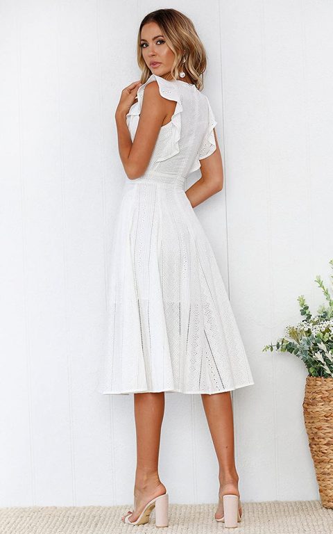 ECOWISH Womens Dresses Elegant Wedding Cocktail Ruffle Cap Sleeves Summer A-Line Midi Dress