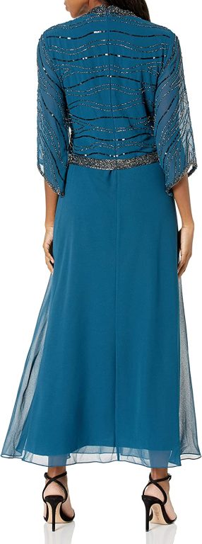 J Kara Women’s 3/4 Sleeve V-Neck Beaded Faux Wrap Long Dress