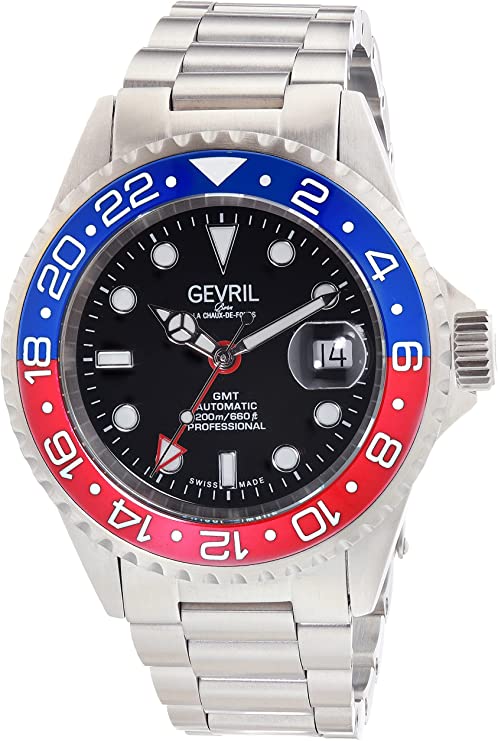 Gevril Men’s Wall Street GMT Stainless Steel Watch, 316L Stainless Steel Bracelet