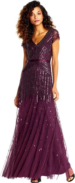 Adrianna Papell Women’s Long Beaded V-Neck Dress with Cap Sleeves and Waistband