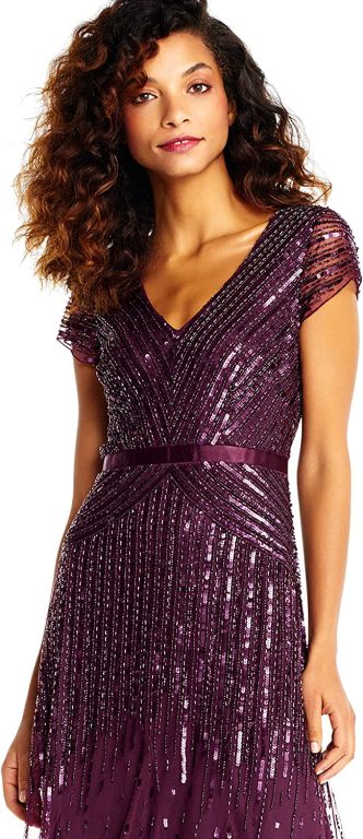 Adrianna Papell Women’s Long Beaded V-Neck Dress with Cap Sleeves and Waistband