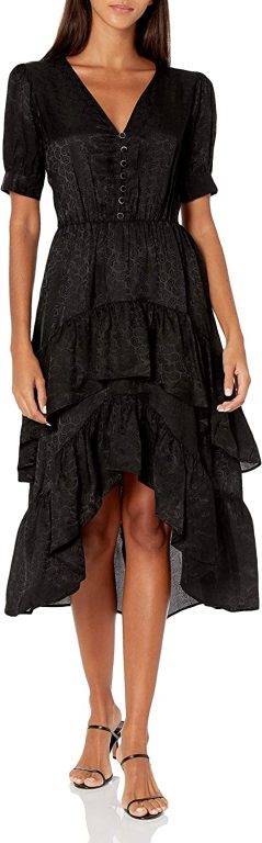 The Kooples Women’s Mid Length Asymmetrical Dress with Fitted, Elastic Waistline