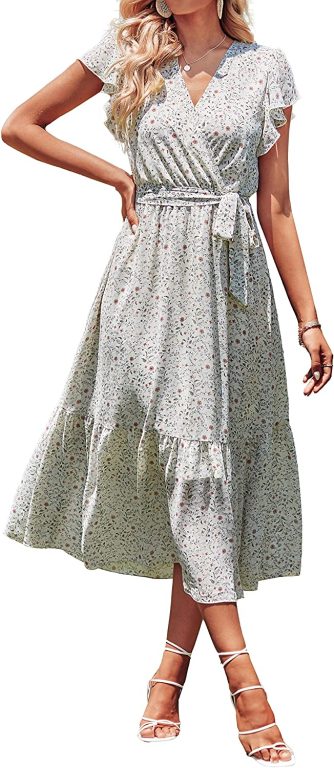 BTFBM Women Summer Bohemian Floral Casual Wrap V Neck Ruffle Cap Sleeveless Belt A-Line Pleated Hem Swing Midi Sun Dress