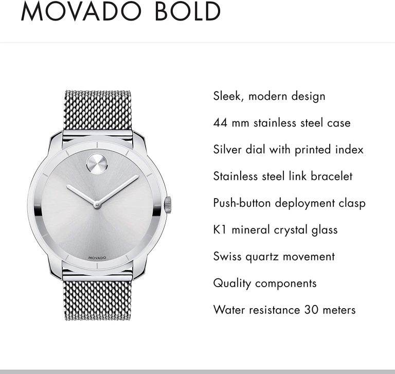 Movado Men’s BOLD Thin Stainless Steel Watch with a Printed Index Dial, Silver (Model 3600260)