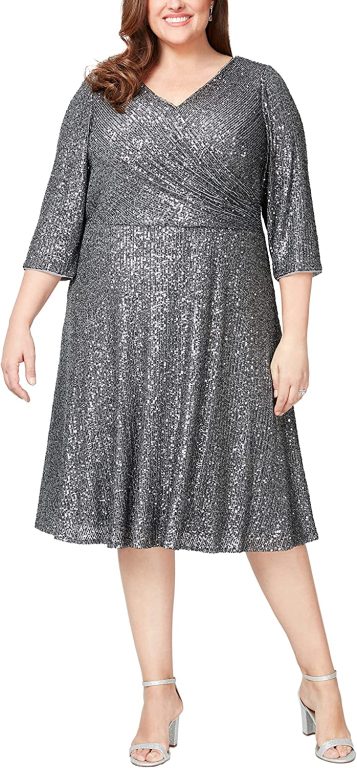 Alex Evenings Women’s Size 3/4 Sleeve Sequin A-line Party Dress (Missy, Petite, Plus)