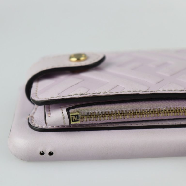 Authenticated Used FENDI Fendi iPhone 11 Pro Case Other Accessories 7AR890 Leather Light Purple Gold Hardware Zucca Pattern Smartphone Cover Coin Purse Card