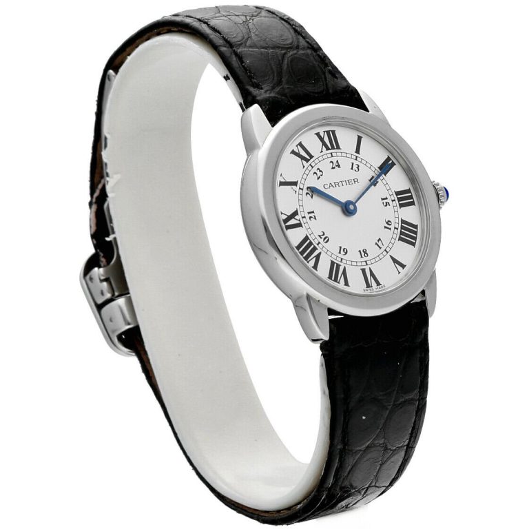 Cartier Ronde Solo 2933 Silver Roman Dial Steel Black Leather Quartz Wrist Watch