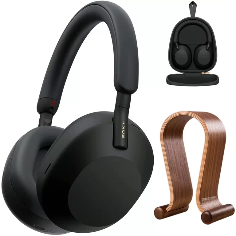 Sony WH-1000XM5 Wireless Industry Leading Noise Canceling Headphones, Black Bundle with Deco Gear Wood Headphone Display Stand and Protective Travel Carry Case