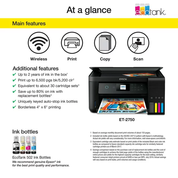 Epson Expression ET-2750 EcoTank Wireless Color All-in-One Supertank Printer with Scanner and Copier