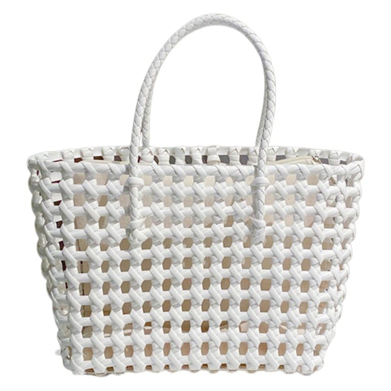 Women Summer Casual Plastic Large Capacity Woven Beach Purse Travel Shopping Basket Shoulder Bag(White with Liner)