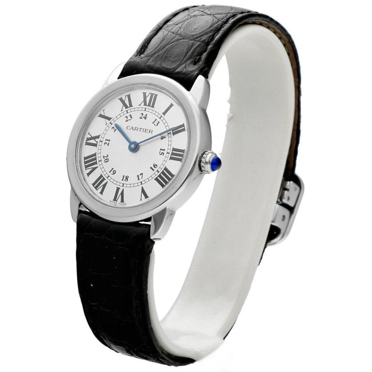 Cartier Ronde Solo 2933 Silver Roman Dial Steel Black Leather Quartz Wrist Watch