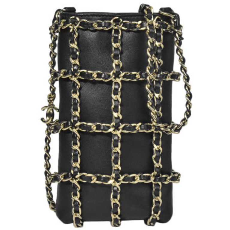 Authenticated Used Chanel CHANEL Chain Shoulder Pouch Smartphone Case Coco Mark Black Lambskin AP1161