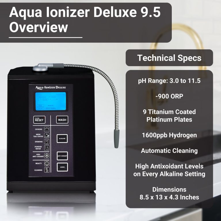 Aqua Ionizer Deluxe 9.5 Anti-Oxidant Boost Water Ionizer | Alkaline Water Filtration System | Produces pH 3.0-11.5 Alkaline Water | Up to -880mV ORP | 4000 Liters Per Filter | 7 Water Settings