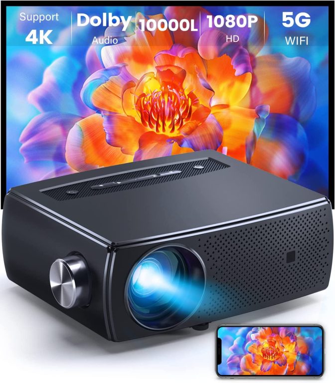 Projector with 5G WiFi & Bluetooth 4K Support, CLOKOWE 10000L Full HD 1080P Outdoor Portable Video Projector with Screen,Home Theater Projector Max 300″ Compatible with Android/iOS/TV Stick/PS4/Laptop