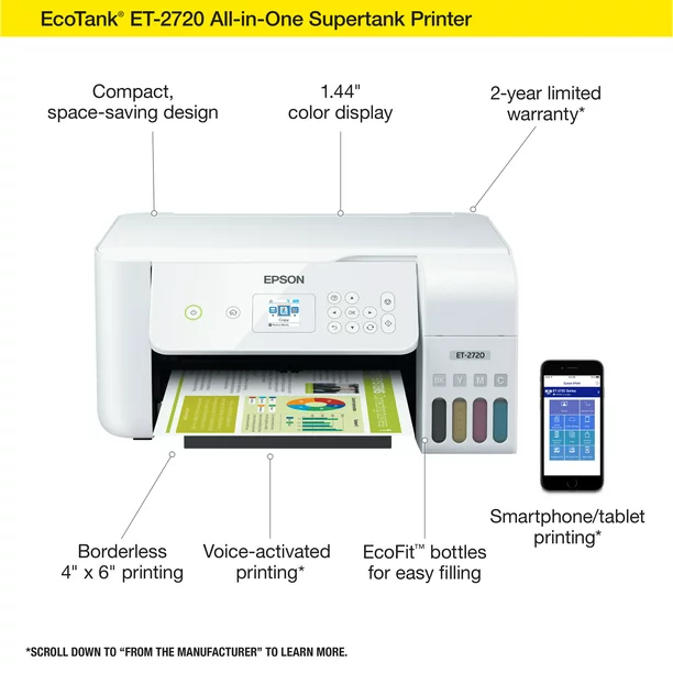 Epson EcoTank ET-2720 Wireless All-in-One Color Supertank Printer – White
