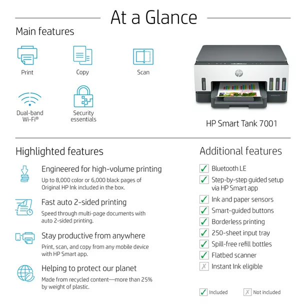 HP Smart Tank 7001 Wireless All-in-One Cartridge-free Color Ink Tank Printer, up to 2 Years of Ink Included