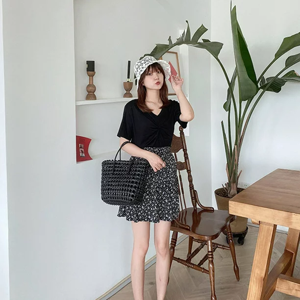 Women Summer Casual Plastic Large Capacity Woven Beach Purse Travel Shopping Basket Shoulder Bag(Black Without Liner)