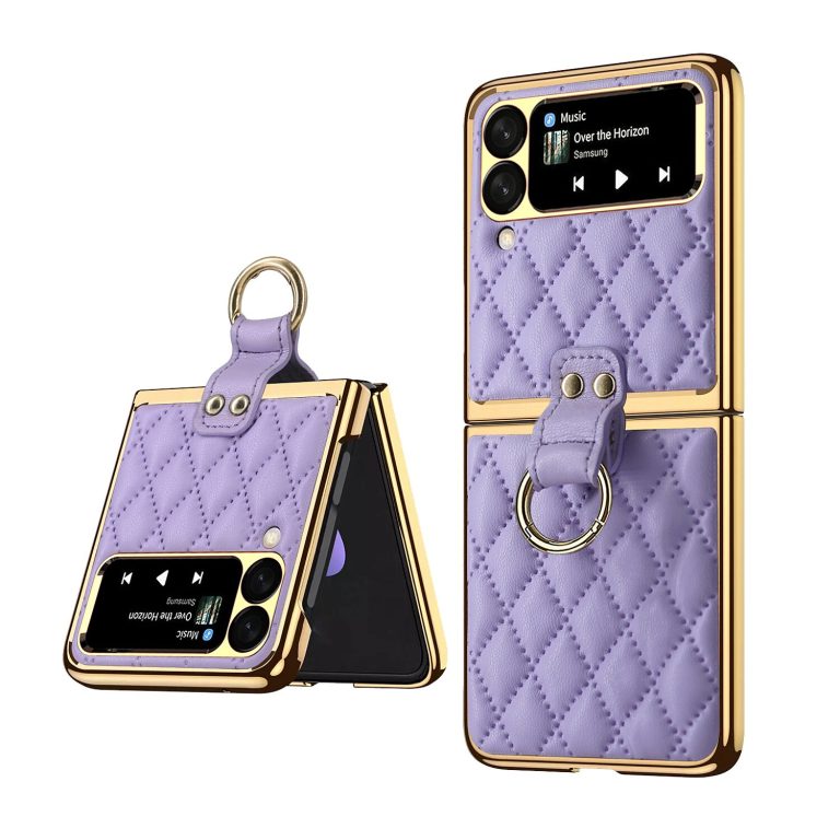 TECH CIRCLE Galaxy Z Flip 3 Case and Cover, Ring Holder Kickstand Anti-Drop Shockproof Slim Handmade Leather Plating Hard PC Phone Protective Cover Case for Samsung Galaxy Z Flip 3 5G 2021, Purple