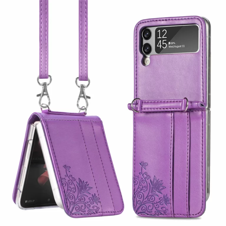 Flip 3 Case, Galaxy Z Flip 3 Wallet Case, Allytech Premium PU Leather Protection Wallet Case with Cards Holders Shoulder Strap Phone Cover Case for Samsung Galaxy Z Flip 3 2021 5G, Purple