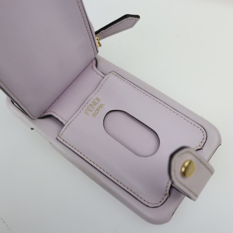 Authenticated Used FENDI Fendi iPhone 11 Pro Case Other Accessories 7AR890 Leather Light Purple Gold Hardware Zucca Pattern Smartphone Cover Coin Purse Card