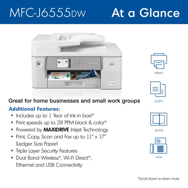 Brother MFC-J6555DW INKvestment Tank Color Inkjet All-In-One Printer with up to 1 Year of Ink In-box1 and 11â€ x 17â€ print, copy, scan, and fax capabilities