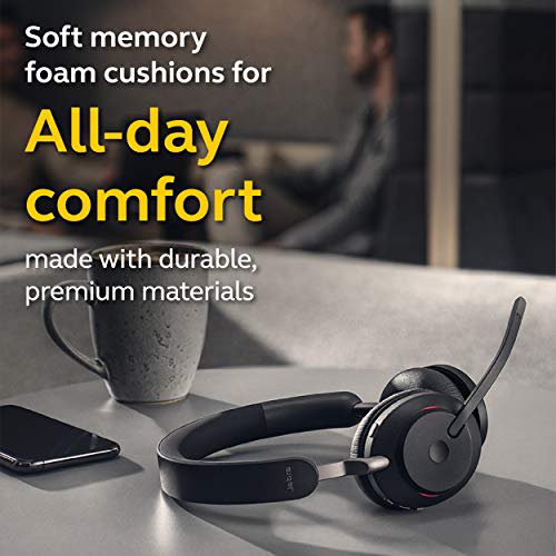 Jabra Evolve2 65 MS Wireless Headphones with Link380a, Stereo, Black â€“ Bluetooth Headset for Calls and Music, 37 Hours of Battery Life, Passive Noise Cancelling