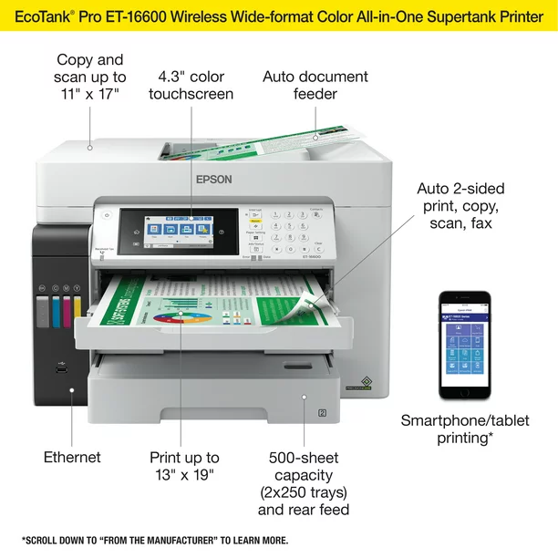 Epson EcoTank Pro ET-16600 Wireless Wide-format Color All-in-One Supertank Printer with Scanner, Copier, Fax and Ethernet