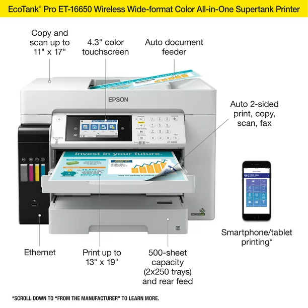 Epson EcoTank Pro ET-16650 Wireless Wide-format Color All-in-One Supertank Printer with Scanner, Copier, Fax and Ethernet