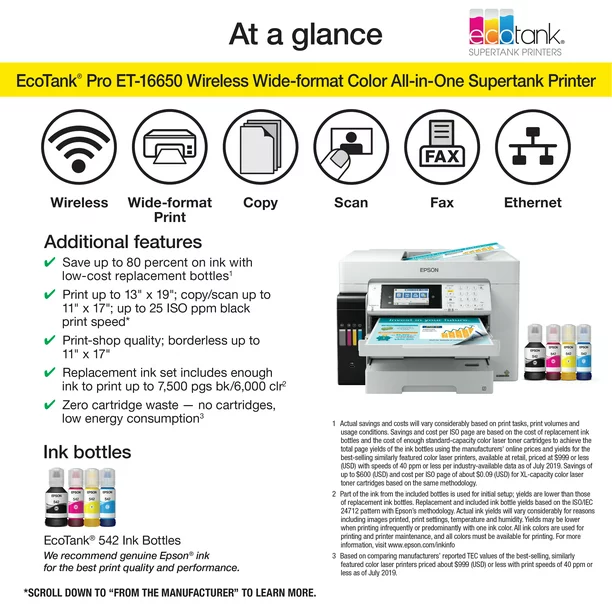 Epson EcoTank Pro ET-16650 Wireless Wide-format Color All-in-One Supertank Printer with Scanner, Copier, Fax and Ethernet