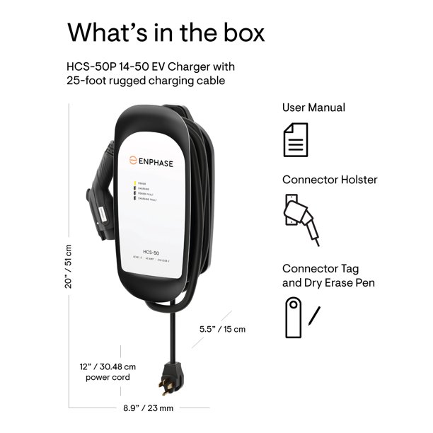 Enphase Level 2 EV Charger, Safety Certified, 40 Amp, 240v, NEMA 14-50 Plug, 25ft Cable, J1772, Compatible with US Electric Vehicles, HCS-50 Home Electric Car Charging Station – formerly