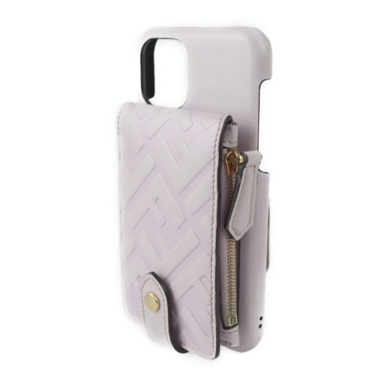 Authenticated Used FENDI Fendi iPhone 11 Pro Case Other Accessories 7AR890 Leather Light Purple Gold Hardware Zucca Pattern Smartphone Cover Coin Purse Card