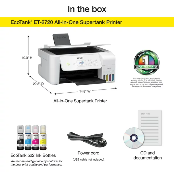 Epson EcoTank ET-2720 Wireless All-in-One Color Supertank Printer – White