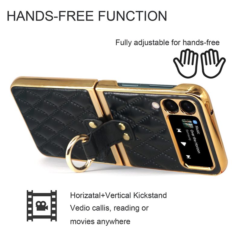 TECH CIRCLE Galaxy Z Flip 3 Case and Cover, Ring Holder Kickstand Anti-Drop Shockproof Slim Handmade Leather Plating Hard PC Phone Protective Cover Case for Samsung Galaxy Z Flip 3 5G 2021, Purple