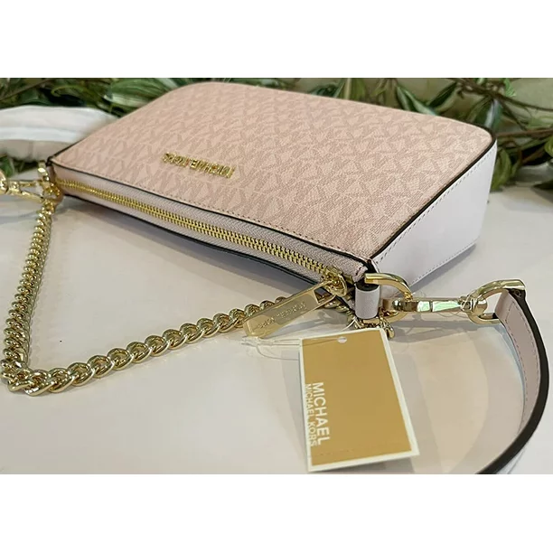 Michael Kors Womens Jet Set Travel Medium Pouchette Crossbody Bag (Dark Powder Blush) Mk Signature