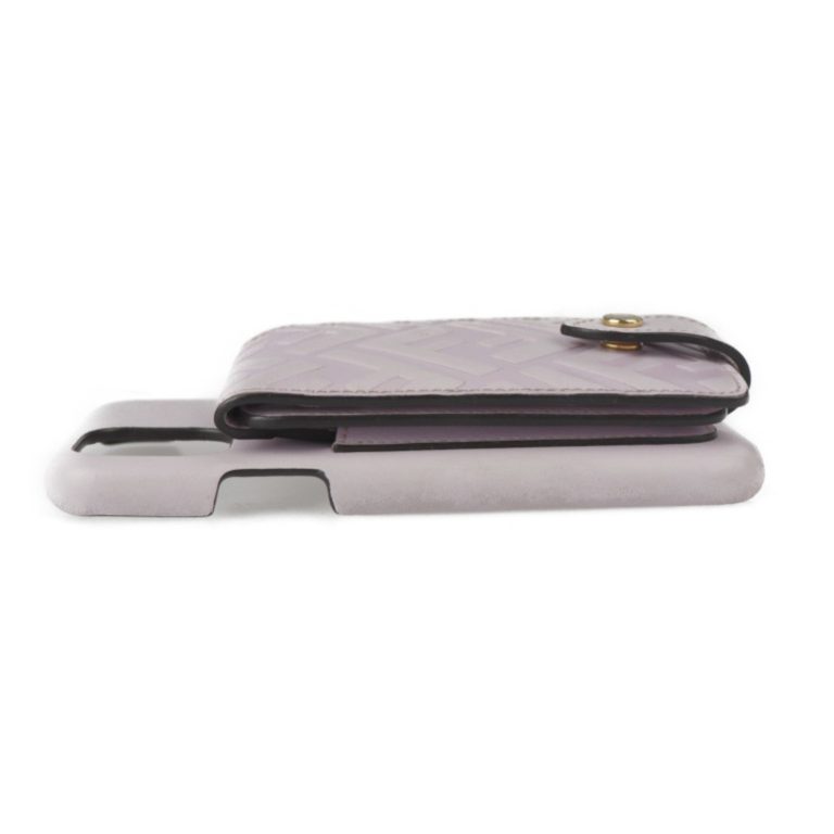 Authenticated Used FENDI Fendi iPhone 11 Pro Case Other Accessories 7AR890 Leather Light Purple Gold Hardware Zucca Pattern Smartphone Cover Coin Purse Card
