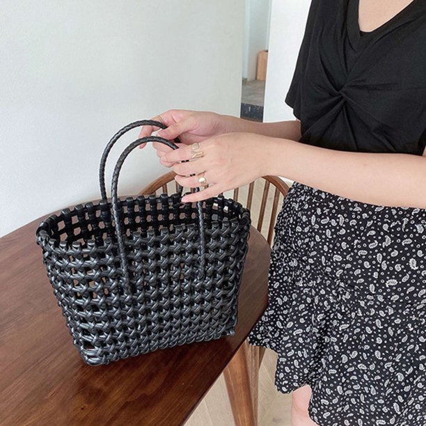 Women Summer Casual Plastic Large Capacity Woven Beach Purse Travel Shopping Basket Shoulder Bag(Black Without Liner)