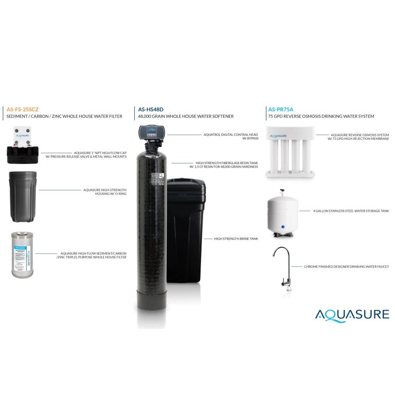 Aquasure Whole House Water Filtration Bundle w/ 48,000 Grain Water Softener, 75 GPD RO System & Triple Purpose Pre-Filter