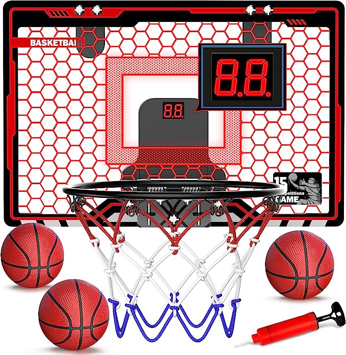 HopeRock Indoor Basketball Hoop for Kids, Indoor Over The Door Mini Basketball Hoops, LED Light Mini Hoop with Electronic Scoreboard, Basketball Game Toys Gifts for 5 6 7 8 9 10 11 12+ Year Old Boys