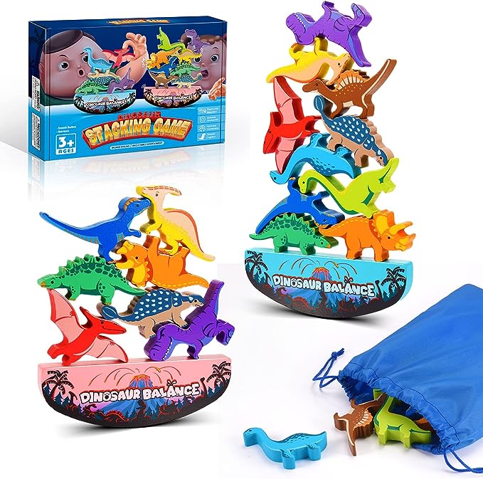 IPOURUP Dinosaur Toys for Kids 3-5: Wooden Stacking Montessori Toys for 3-7 Year Old Balance Competition Game for Family Ideal Christmas and Birthday Gifts for Kids (Double Version)