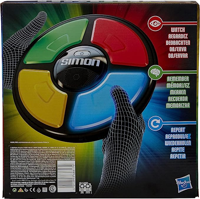 Hasbro Gaming Simon Handheld Electronic Memory Game With Lights and Sounds for Kids Ages 8 and Up, Includes Simon game unit and instructions.