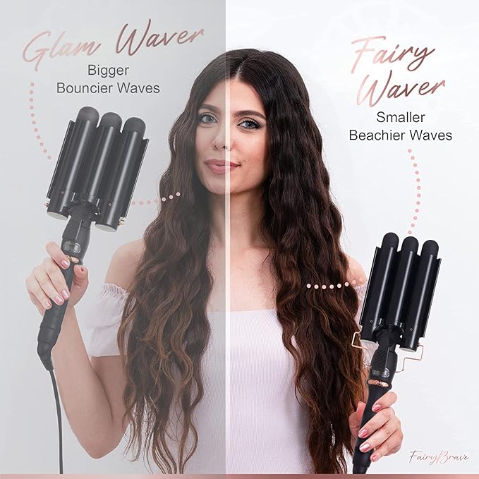 3 Barrel Curling Iron Wand – Triple Hair Waver & Crimper for Beach Waves Set, Ceramic Tourmaline with Adjustable Temperature – Beach Waver, Black