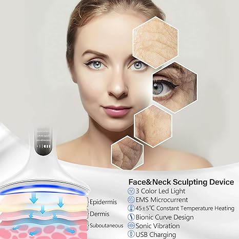 Aikertec Neck Face Massager, Electric Face and Neck Lifting Face Contouring Tool with 3 Colors of LED, Heating and Vibrating Skin Rejuvenating Beauty Device to Lift and Tighten Sagging Skin (White)