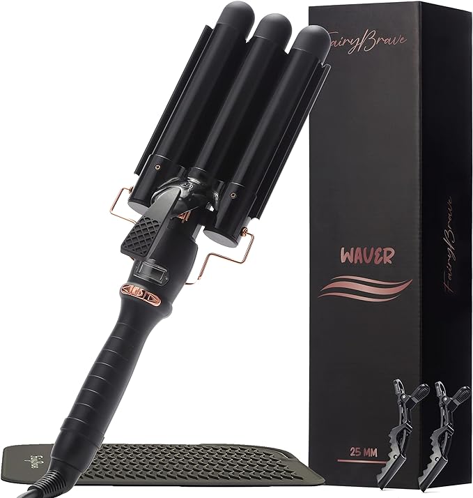 3 Barrel Curling Iron Wand – Triple Hair Waver & Crimper for Beach Waves Set, Ceramic Tourmaline with Adjustable Temperature – Beach Waver, Black