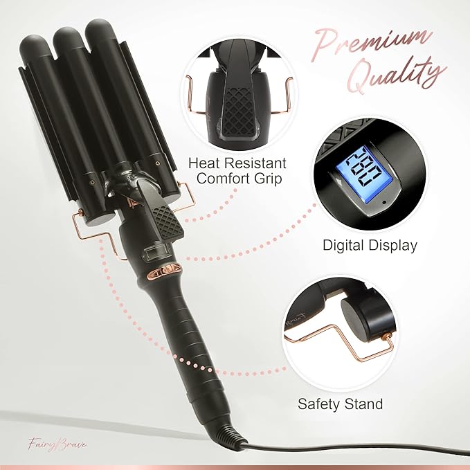3 Barrel Curling Iron Wand – Triple Hair Waver & Crimper for Beach Waves Set, Ceramic Tourmaline with Adjustable Temperature – Beach Waver, Black