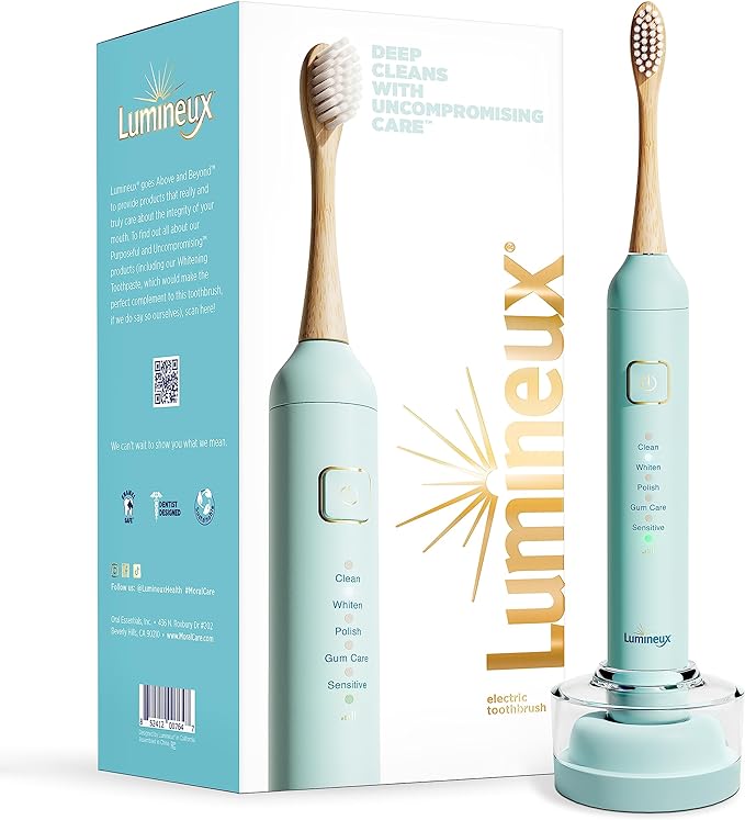 Lumineux Electric Toothbrush for Adults – Bamboo Heads – Includes 2 Super Soft Bristle Bamboo Tooth Brush Heads, Charging Station & USB Charge Cord – Rechargeable