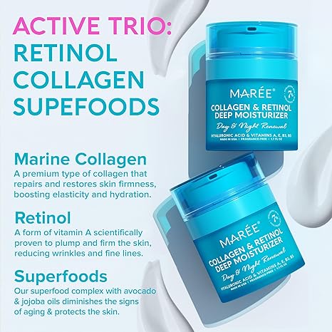MAREE Face Moisturizer – Collagen Cream for Women – Anti-Wrinkle Eye Balm with Retinol, Hyaluronic Acid – Day & Night Cream for Face & Under Eye – Instant Face Lift Cream with Hydrating Effect – 1.7oz