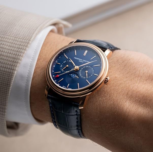 Frederique Constant Men’s Swiss Made Classic Business Timer Moonphase Rose Gold Stainless Steel Case Watch, Blue Leather Strap, Style: FC-270N4P4