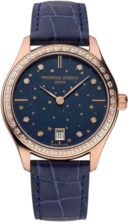 Frederique Constant Ladies’ Swiss Made Classic Moon and Stars Quartz Diamond Accent Rose Gold Plated Case Watch and Navy Leather Strap, Style: FC-220NSD3BD4